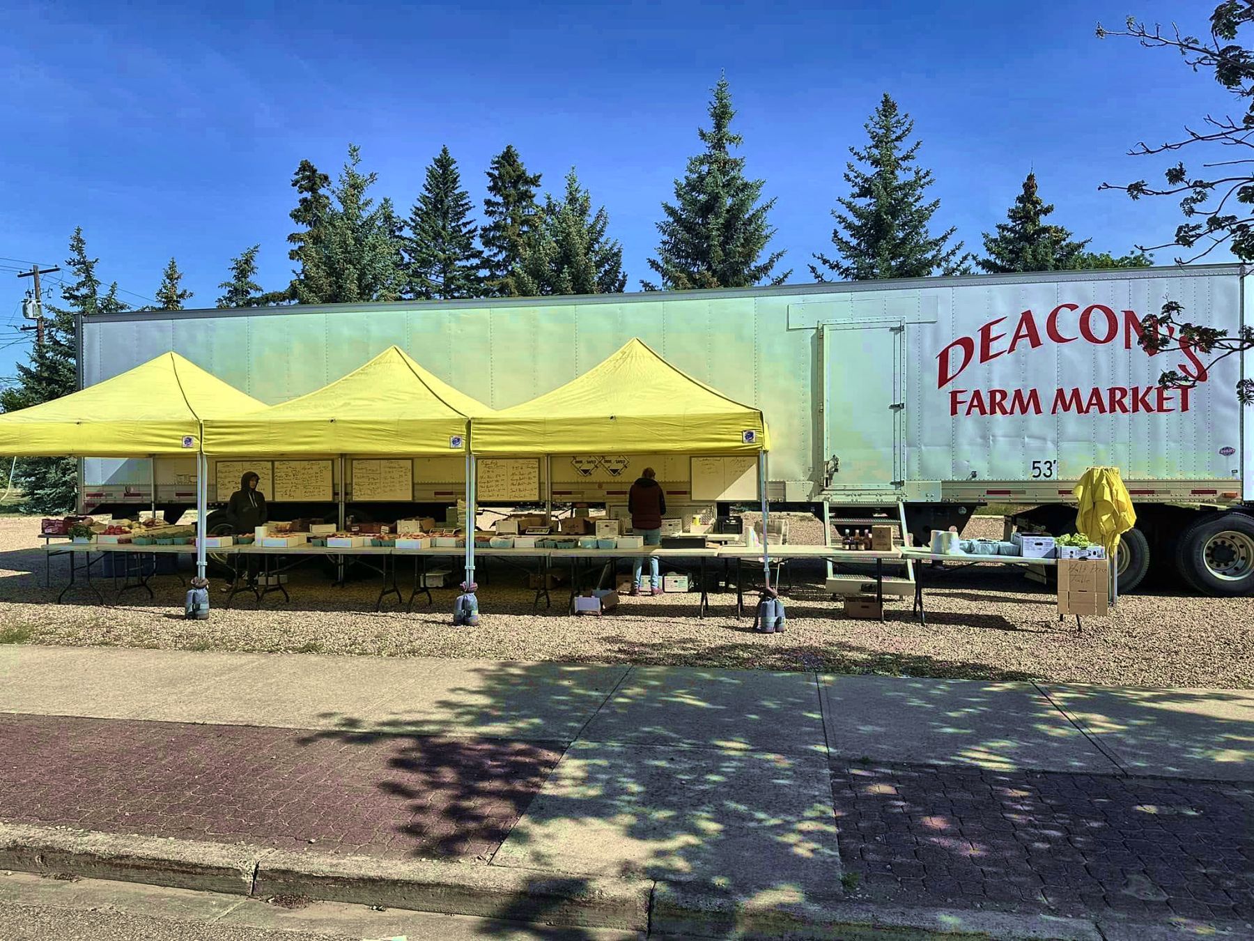 The Deacon's trailer and yellow tents set up on a sunny morning